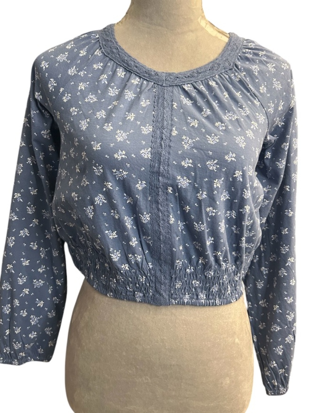 NWT SO Dusty Blue Floral Smocked-Hem Blouse